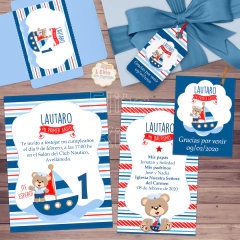 Kit imprimible Osito Marinero nautico tarjetas invitacion digital whtsapp