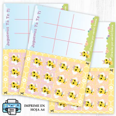 Juego imprimible de Ta Te Ti con diseño de abejita chiquitita, es ideal para regalar como recuerdo de tu fiesta a los invitados ¡Edita los textos, imprime y está listo para regalar!