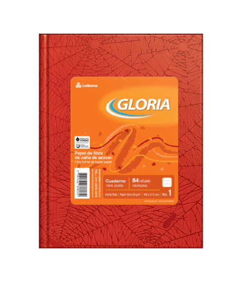CUADERNO TAPA DURA 16X21 GLORIA FORRADO ROJO 84 HOJAS RAYA, 65G/M2 - C: 100937