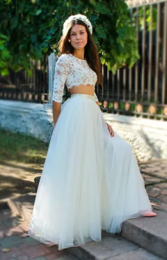 Conjunto Cropped Noiva Top Renda Saia Tule