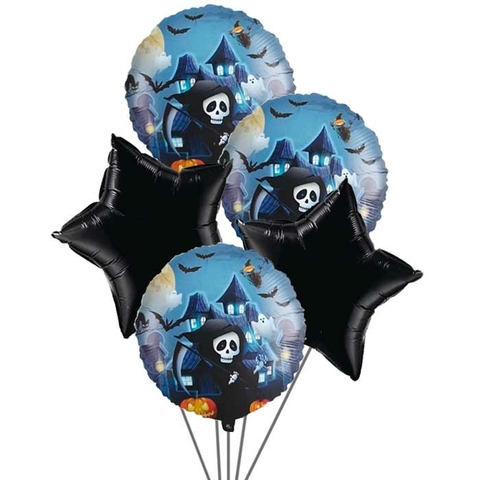 Kit Arranjo de Balões Metalizado Caveira Halloween Dia das Bruxas 5 Und