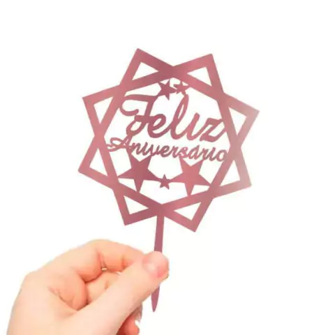 Topo de Bolo Feliz Aniversario Acrilico Rose Gold Espelhado
