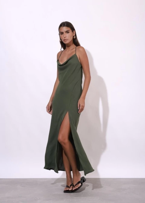 VESTIDO MÔNACO DEGAGÊ LONGO OLIVA - comprar online