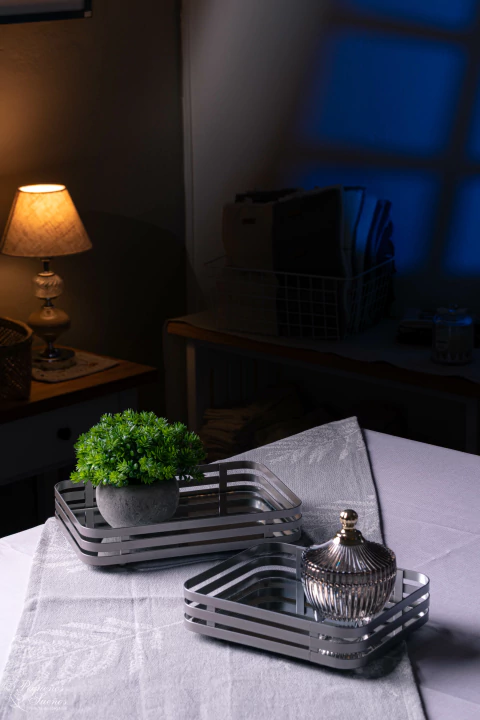 Bandejas espejadas con estructura de color gris. Dos medidas.

Chico: 20 cm de ancho x 17 cm de prof. x 5.50 cm de alto.

Grande: 25.50 cm de ancho x 18 cm de prof. x 5.50 cm de alto.