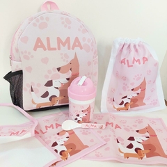 Mochila bolsillo + kit con cantimplora Perritos en manada