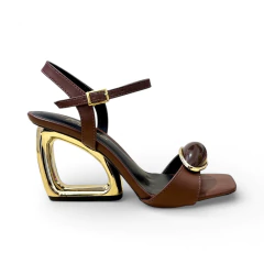 Sandália Café Salto Dourado - 13926 - West Shoes