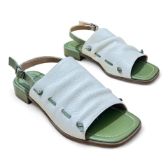 Sandália de Couro Off White / Verde - 13803 - loja online