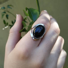 Anillo regulable obsidiana oval alpaca