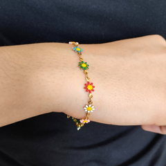 Pulsera flores esmaltadas acero dorado