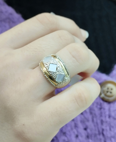 Plata 925 Anillo bombé rombos nácar y oro