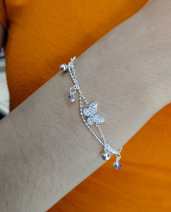 Pulsera mariposa brillante + cubics colgantes acero blanco