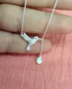 Collar colibrí con gota cristal acero blanco - comprar online