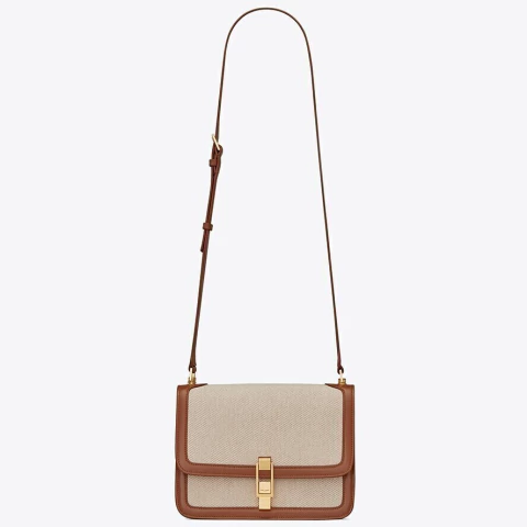 Bolsa Satchel Saint Laurent Carré em Lona Bege