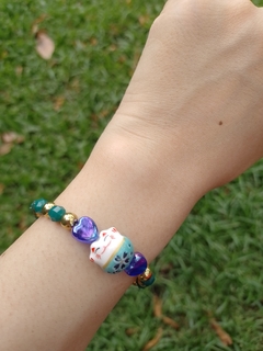 Pulsera Gato de la Suerte Elástica - Verde y Dorado en internet