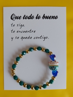 Pulsera Gato de la Suerte Elástica - Verde y Dorado