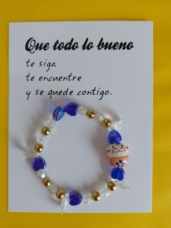 Pulsera Gato de la Suerte Elástica - Dorado Azul y Transparente