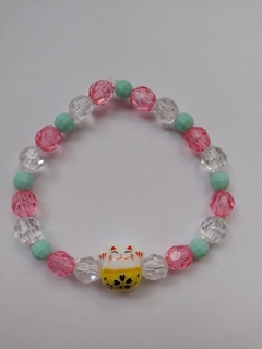 Pulsera Gato de la Suerte Rosa Verde Transparente - Elástica