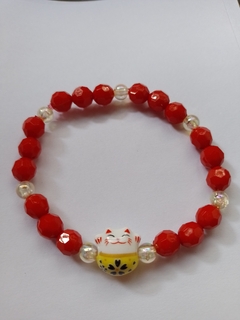 Pulsera Roja y Dorada Gato de la Suerte - Elástica