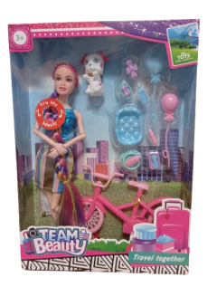 Muñeca Articulada Musical Team Beauty con bicicleta, perro y accesorios