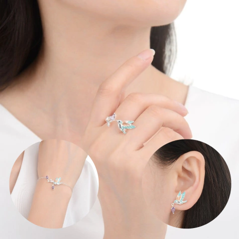 Combo Pulsera, Aros y Anillo Colibrí Violeta