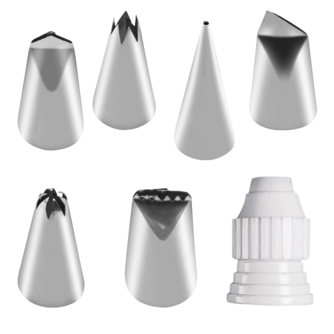 Kit Bico Confeitar Inox 6 Pç Adaptador Perlé 1M Babado Folha
