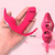 Vibrador de calcinha roxo, controlado via smartphone, segurado na mão, com medidas visíveis.