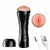 Masturbador masculino em formato de vagina com vibrador, recarregável, mostrando a parte superior e acessórios de carregamento.