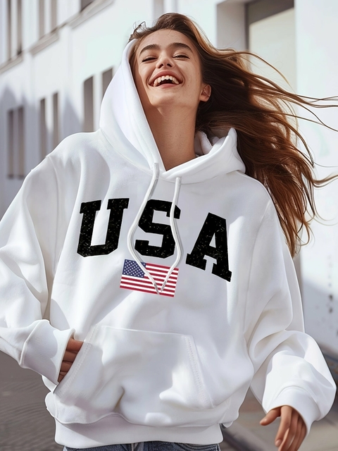Moletom Feminino Casual com Estampa USA e Capuz ElaShopp
