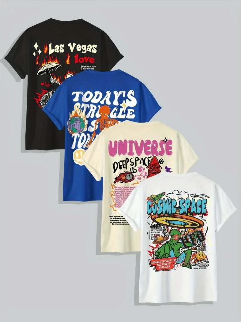 KIT 4 Camiseta Masculina Estampada de Gola Redonda e Manga Curta