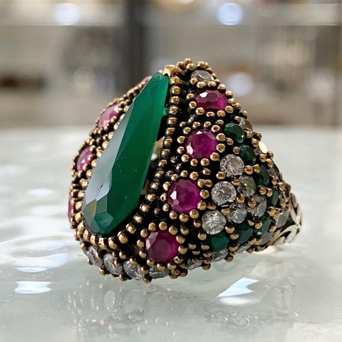 ANILLO TURQUIA CON LAGRIMA ESMERALDINA Y RUBIES PLATA Y ORO 14 9874