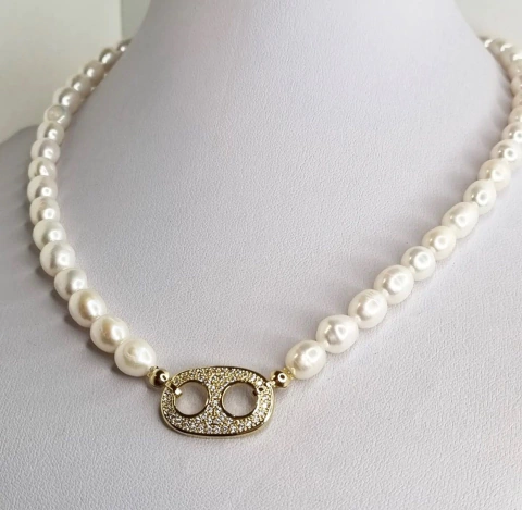 COLLAR DE PERLAS CON DETALLE CHANEL PERLAS DE RIO NATURALES k2916