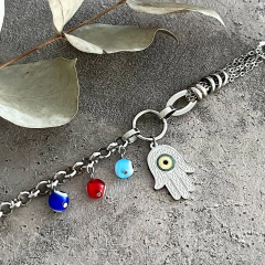PULSERA ACERO Y OJITOS TURCOS CON MANO DE FATIMA K1601 - comprar online