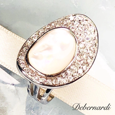 ANILLO PLATA Y NACAR OVAL Y PAVEE EN PLATA ITALIANA J960