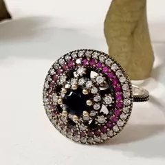 ANILLO PLATA Y ORO 14 ROSETA CON RUBIES Y CUBICS TURQUIA 9876 - comprar online