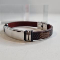 PULSERA ACERO Y CUERO MARRON CON ESPACIO PARA GRABAR IDENTIDAD 3607 mi en internet