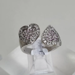ANILLO DE PLATA DOBLE CORAZON CUBICS Y ROSA DE FRANCIA 4709