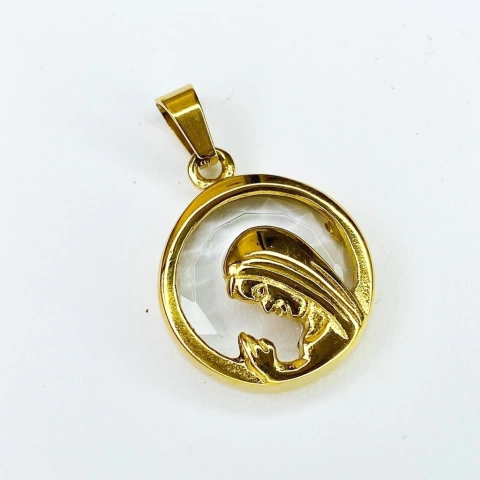 MEDALLA VIRGEN NIÑA EN ACERO DORADO Y CRISTAL 9979