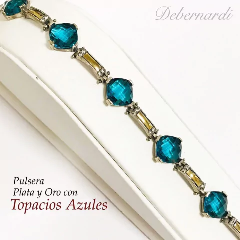 PULSERA PLATA Y ORO CON TOPACIOS AZUL COLOMBIA 1281