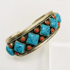 PULSERA RÍGIDA CON TURQUESAS Y GRANATES NATURALES COD. 4112 - comprar online