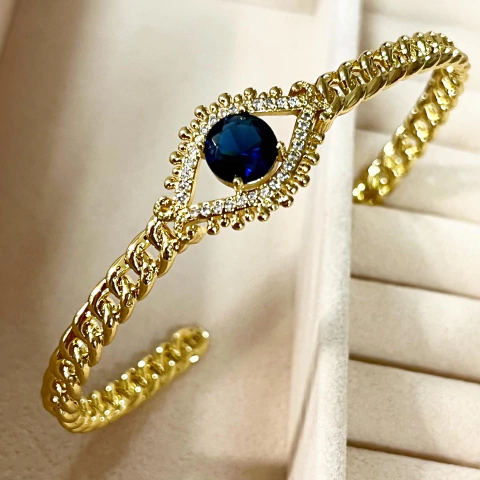 PULSERA ENCHAPADA RIGIDA OJO TURCO CON ZAF AZUL K2506
