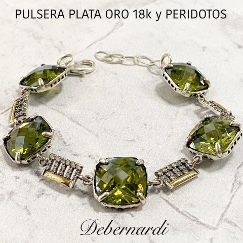 PULSERA CON PIEDRAS PERIDOTOS COLOMBIANA PLATA Y ORO 10249