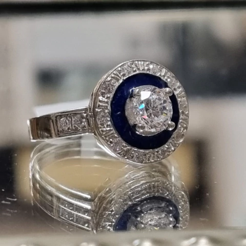 ANILLO ESTILO ANTIGUO PLATA , CUBICS Y ESMALTE AZUL 6412