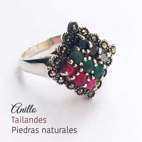 ANILLO TAILANDIA PLATA CON PIEDRAS DE RAIZ NATURAL ROMBO 3981 - comprar online