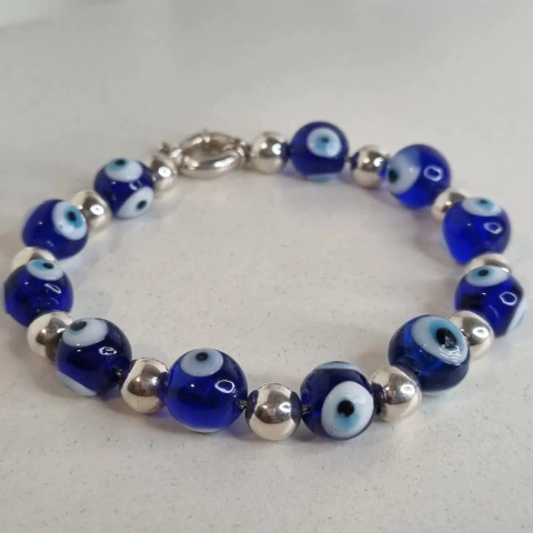 PULSERA PLATA ITALIANA CON BOLITAS Y OJOS TURCOS 5784