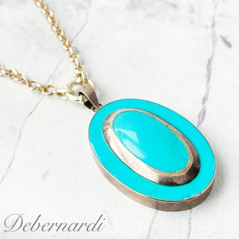 IMPORTANTE DIJE PLATA OVAL CON TURQUESA 10225 INFLADO