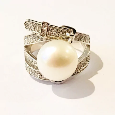 ANILLO PLATA CON PERLA NATURAL Y PIEDRAS J524