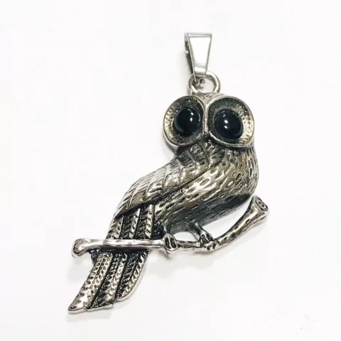 DIJE DE ACERO QUIRÚRGICO BUHO/ LECHUZA OJOS DE PIEDRA NEGRA COD: 7777