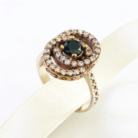 ANILLO TURQUIA PLATA Y ORO 14 ESTILO CHANEL CON ZAFIRO Y CUBICS 9877