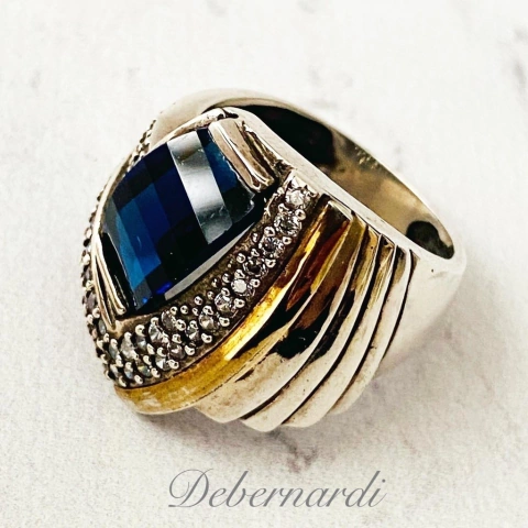ANILLO CHEVALLIER ZAFIRO AZUL, PLATA Y ORO J961 - comprar online