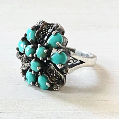 IMPORTANTE ANILLO PLATA, TURQUESAS Y MARCASITAS 10227